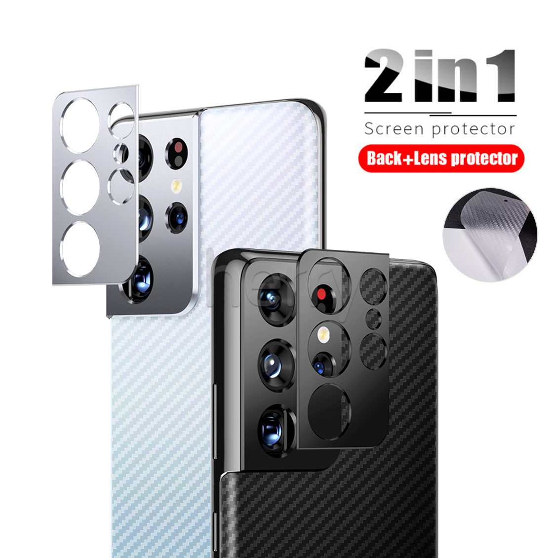 2 in 1 Carbon Fiber Back Screen Protector Sticker Metal Protection Ring ...