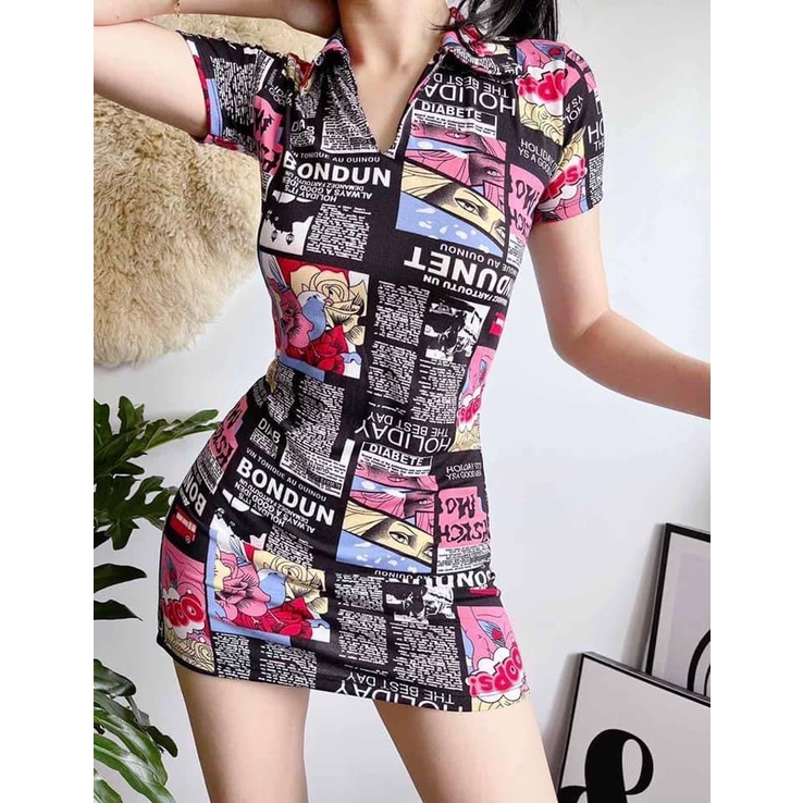 Hotz Aira Comic Cow Print Polo Bodycon Cotton Spandex Dress Xs Semi Medium Slim Body Framee