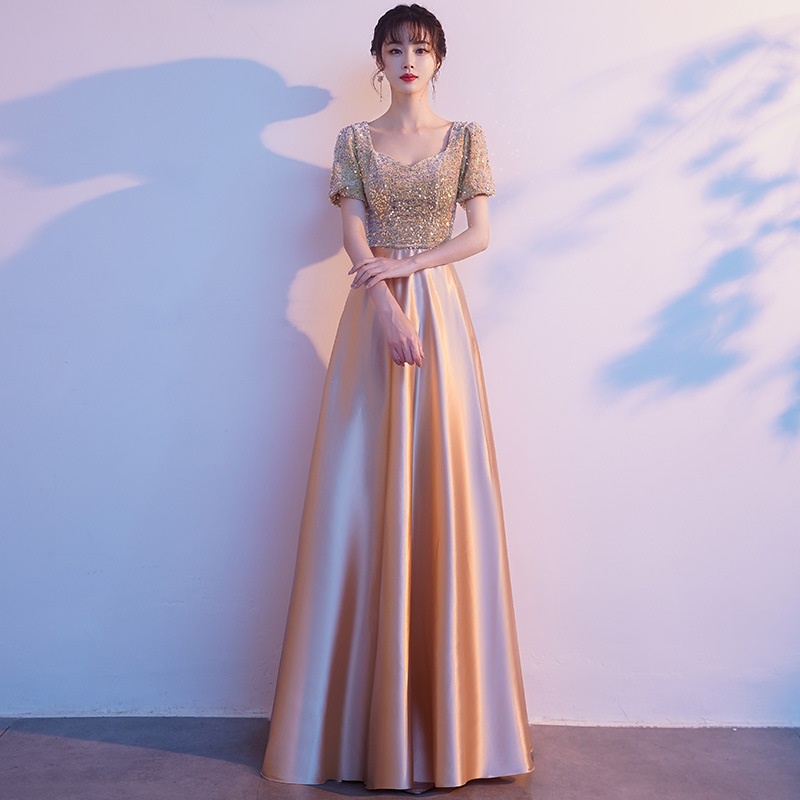 Women's Temperament Long Banquet Evening Dress Suspenders Sequined Large Skirt