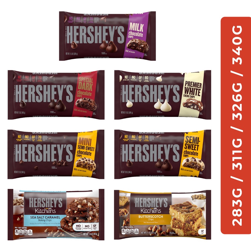 HERSHEY'S KITCHEN BAKING CHOCOLATE CHIPS (SEA SALT CARAMEL/ BUTTERSCOTCH/ DARK CHIP/ SEMI SWEET