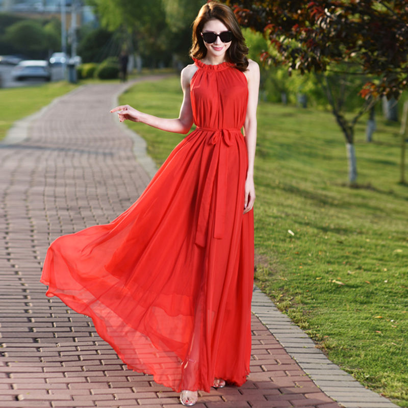 Extra long ankle-length dress new bohemian solid color chiffon large ...