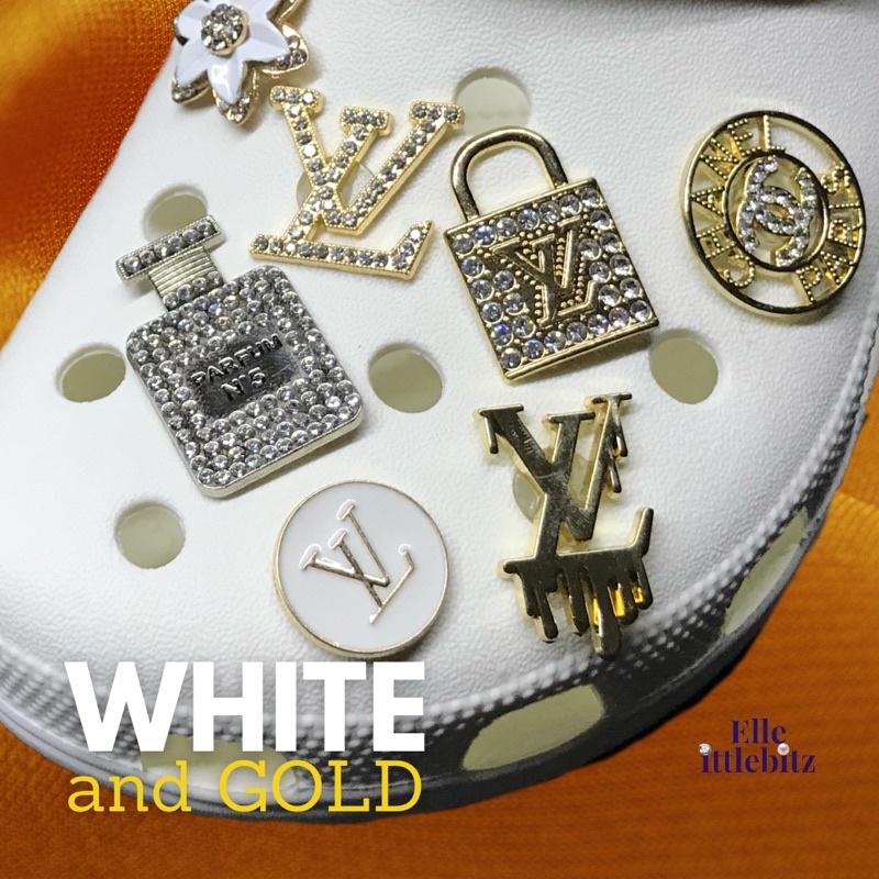 𝐄𝐋𝐋𝐄 White and Gold ‼️NON-TARNISH‼️ Designer Metal charms Jibbitz for Crocs  shoe charms Accessories