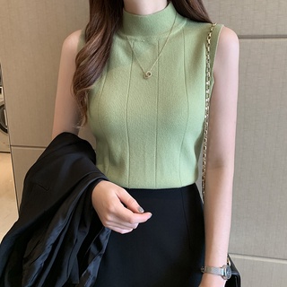 2022 summer knitted sleeveless t-shirt thin stretch half-high neck slim  bottoming shirt outer wear tank top for women solid color bottoming top