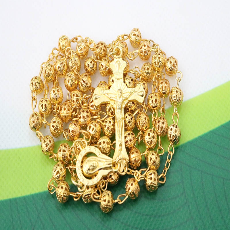1pcs Catholic Rosary Hollow Gold Rosary Necklace with 6mm Catholic Gold