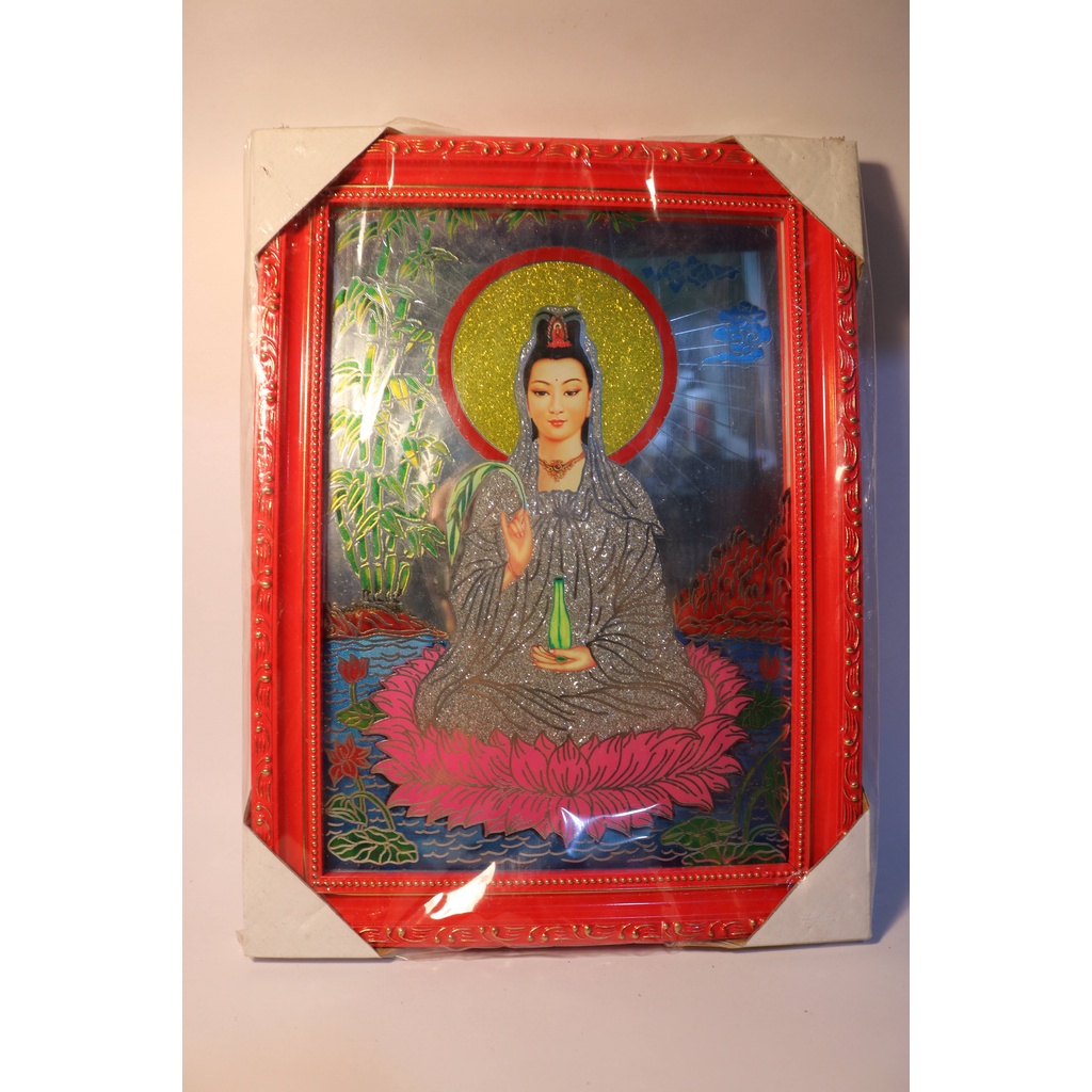 Avalokiteśvara picture frame sitting on a lotus, red painted wooden ...