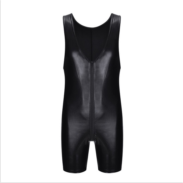 Mens Wet Look Latex Catsuit Faux Leather Mesh Jumpsuits Black Stretch