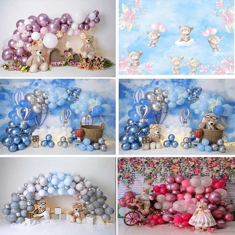 Cute Teddy Bear Balloons Party Backdrop For Baby Shower New Born Cake ...