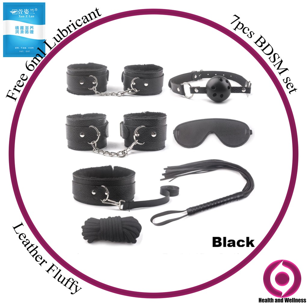 69shop 7pcs Set Pu Leather Bdsm Sex Bondage Set Hand Cuffs Whip Rope Blindfold Sex Toys Black