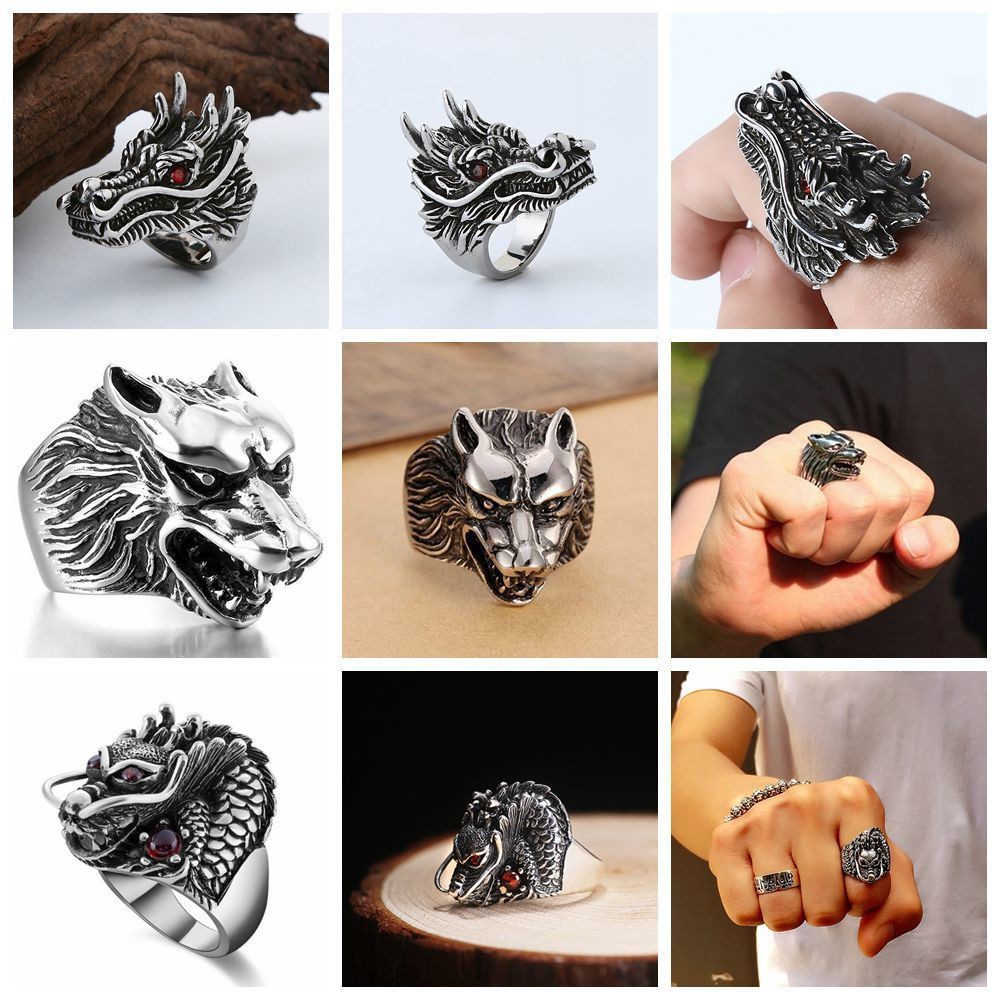 Gothic Punk Animal Ring leopard Dragon Wolf Bird Lion Head Skeleton ...