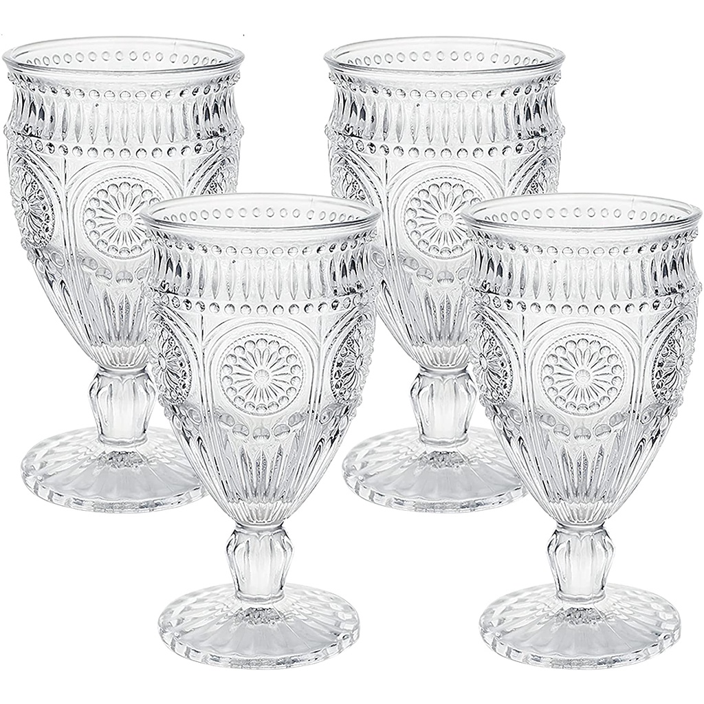 4 pc Set Vintage Style Embossed Footed Glass Goblets Pressed Glass Wine ...