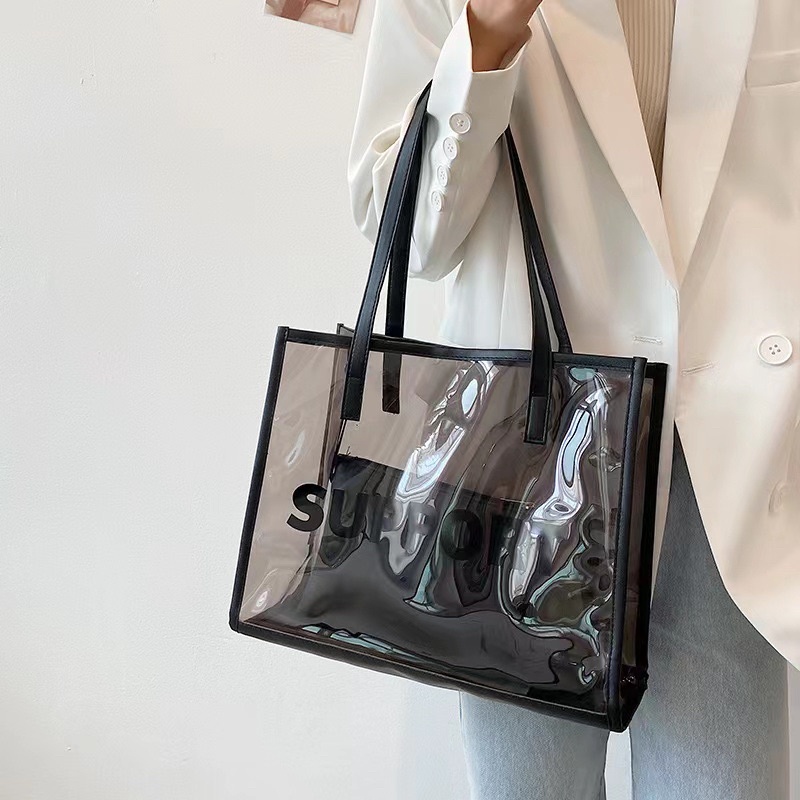 Transparent bag women s new trendy jelly bag large capacity fashion large bag portable shoulder bag Shopee Philippines