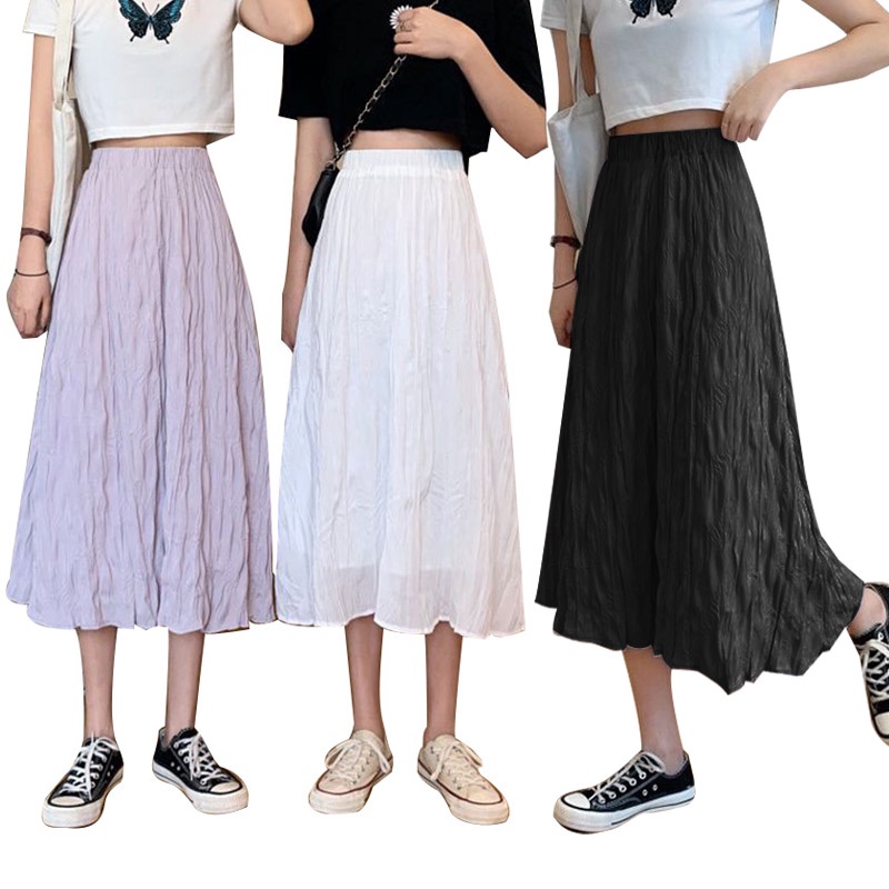 GENAISHA Elastic Waist Korean Style A-Line Midi Skirt Lace High Long ...