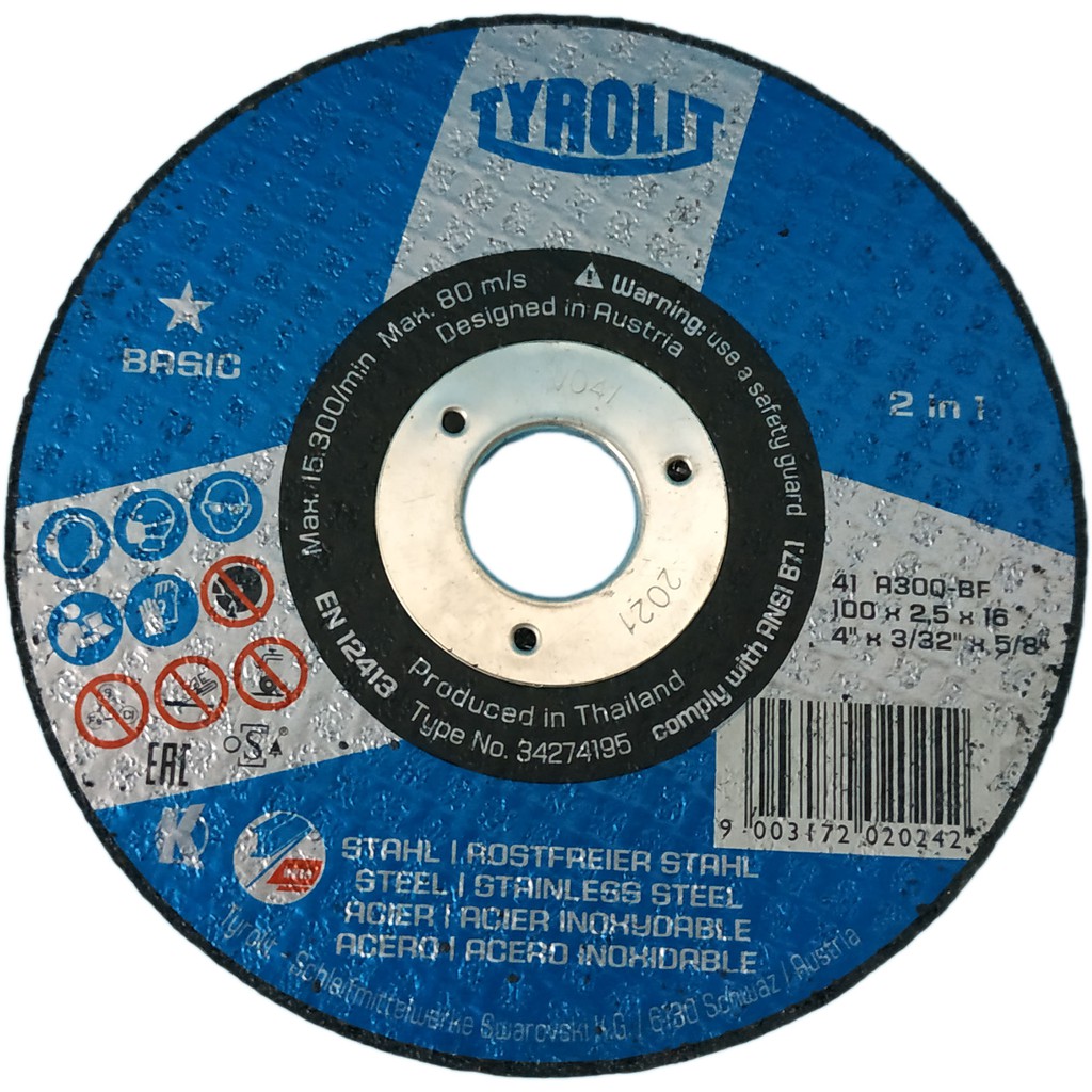 ORIGINAL TYROLIT CUTTING DISC 4" ( 100MM X 2.5MM X 16MM ) INOX FOR