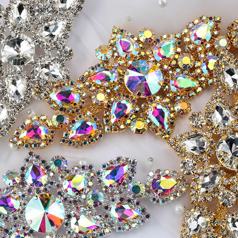 QIAO 6.3x13.5cm Sewing On Rhinestone Applique 1 pcs Silver Base Clear ...