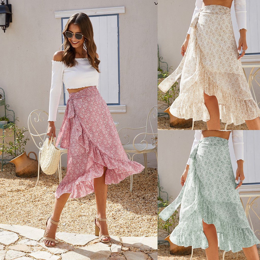 Fashion Summer Skirt Lace Slit Irregular Floral Chiffon Skirt