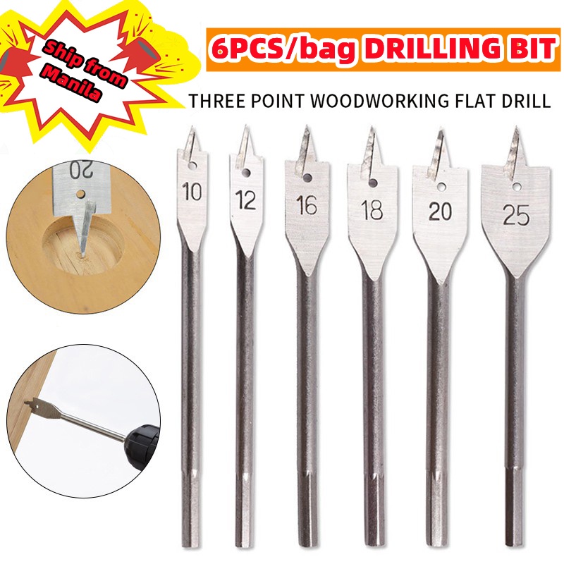 6pcs Flat Spade Drill Bits Set Metal Bit Kit Hex Shank Woodworking Tool Accessories Shopee
