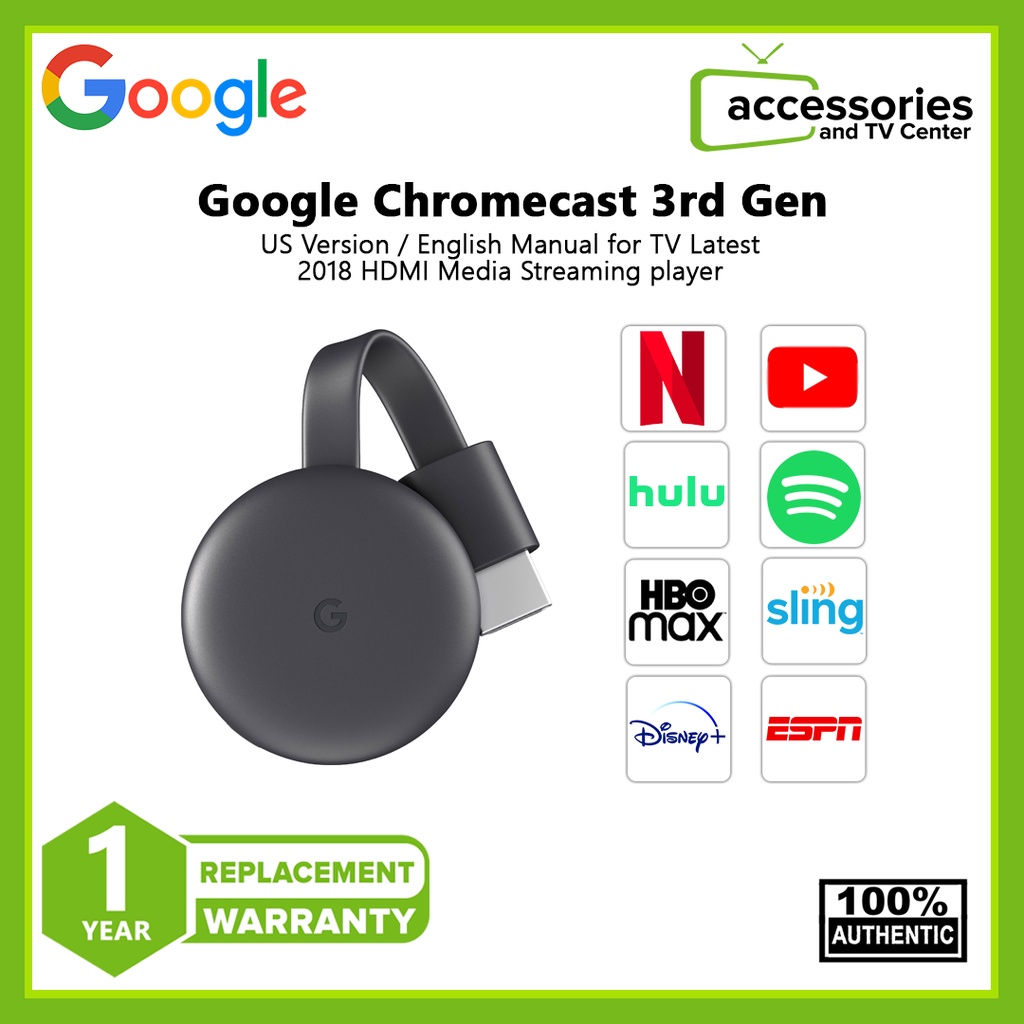 Google Chromecast (3rd Generation) HDMI Media Streamer Genuine New Charcoal