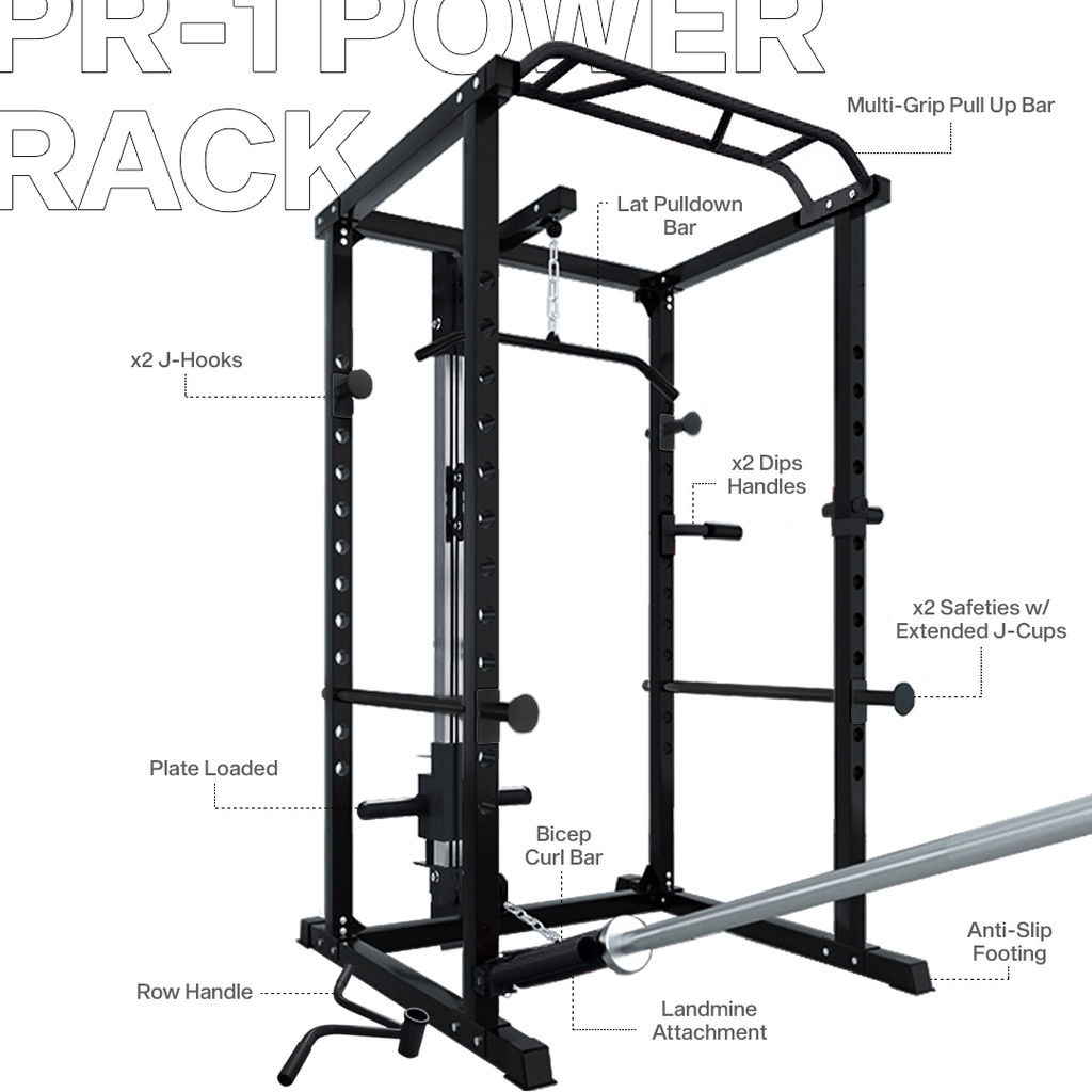 Heavy Duty Power Rack Power Cage w/ Landmine, Dip Attachment, Pull Up, Lat  Pulldown, Bicep Curl Bar