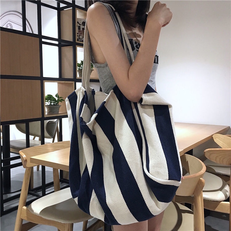 Korean Fashion Canvas Shoulder Bag Women Retro Striped Tote Bag Large ...