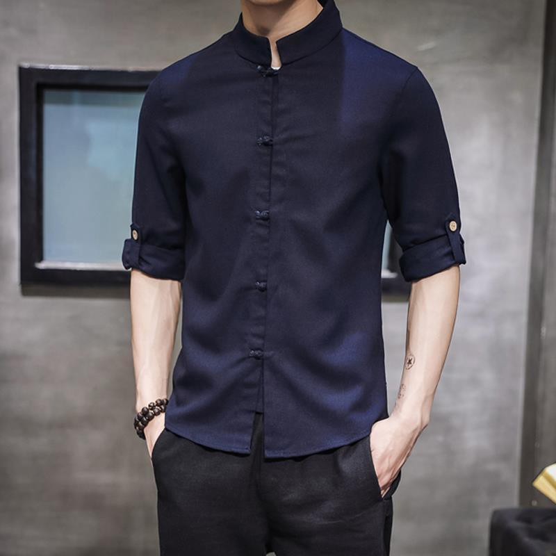 □♚Mens Ethnic Stand Collar Slim Fit Shirt