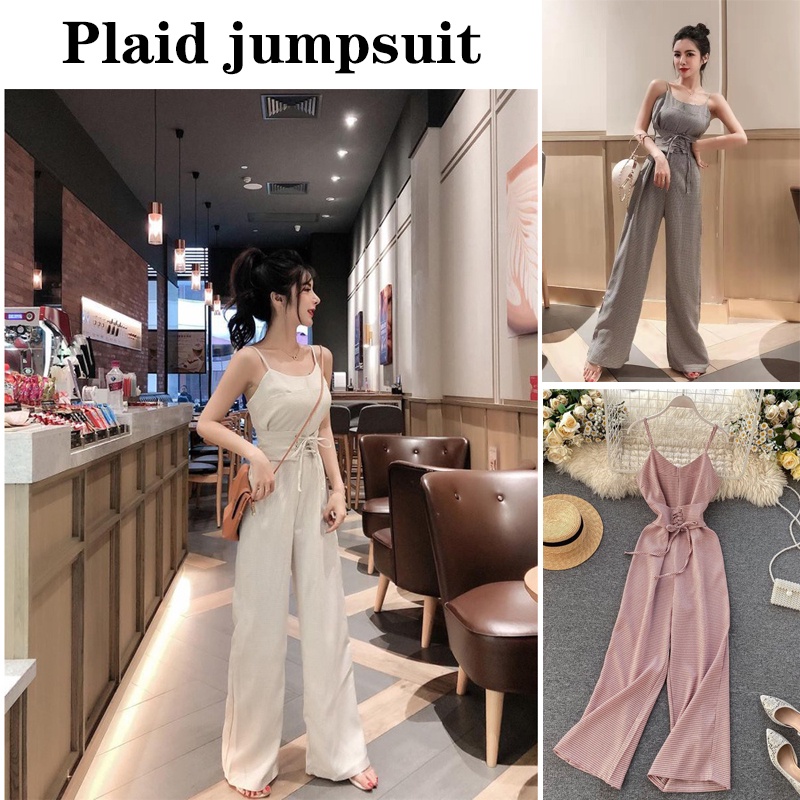 Women New Retro Fashion Suspender Shows Thin Plaid V neck Wide Leg Jumpsuit Pants Slim Wide Leg Pant Shopee Philippines