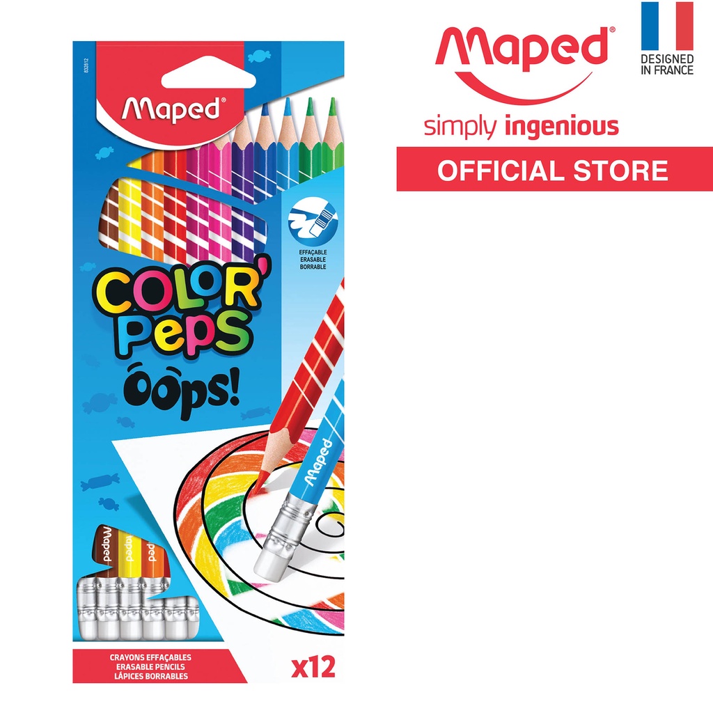 MAPED ColorPeps Oops Erasable Color Pencil with Eraser | 12 Colors ...