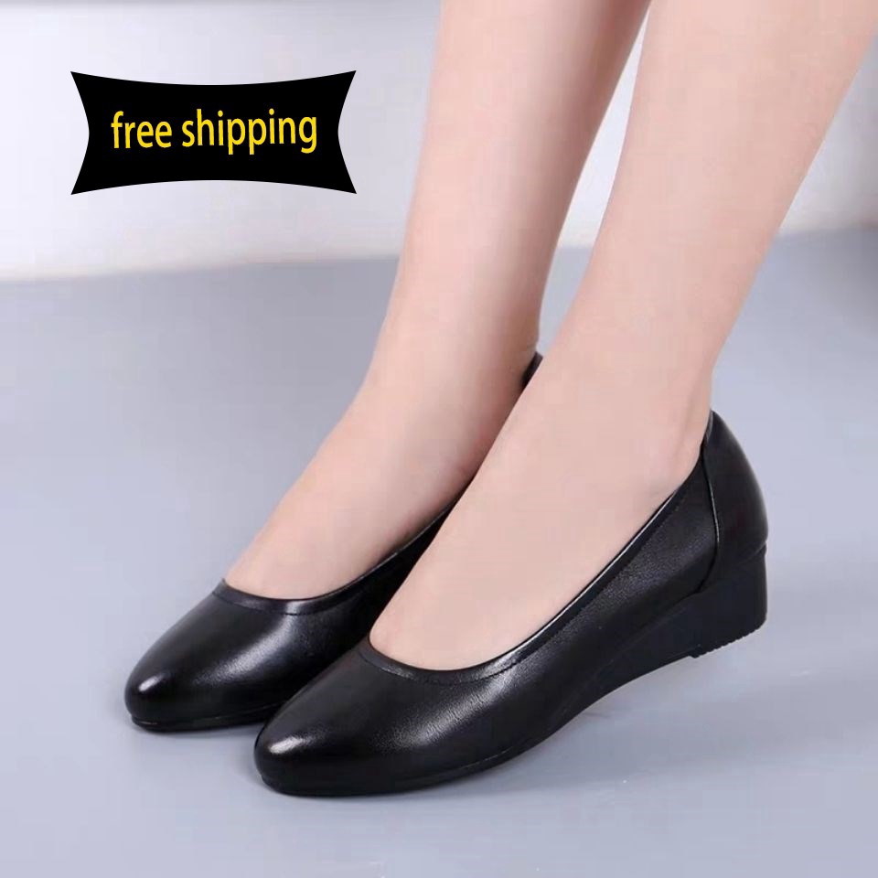 Soft leather wedge work shoes women's black leather shoes comfortable