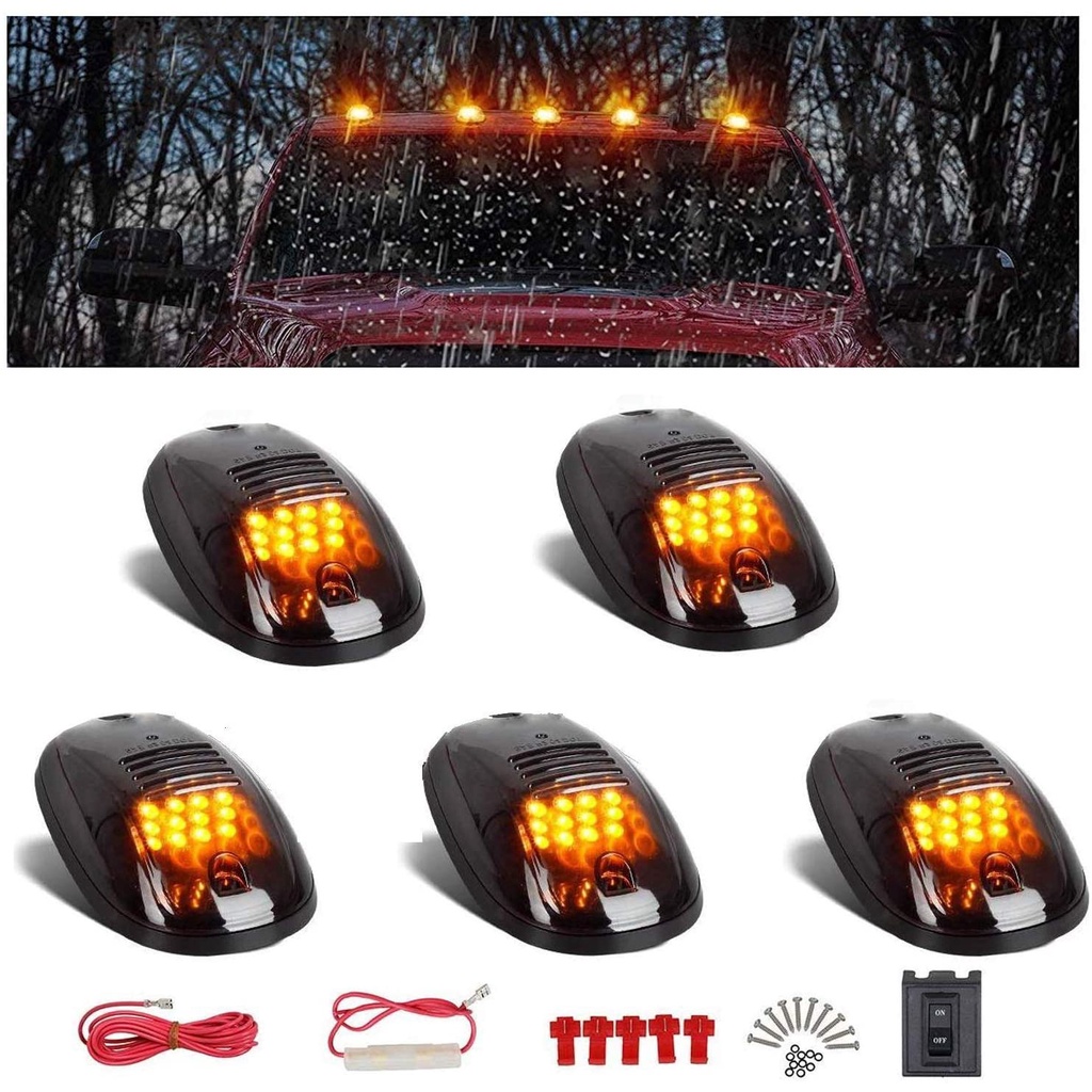 iJDMTOY Smoked Lens Amber Led Cab Rooftop Marker Lamps For Chevrolet Dodge Gmc Ford Ram Nissan Toyota Trucks, 5-Piece Roof Running Light Set