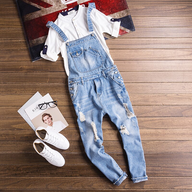 Men s casual Loose Work Clothes Extra Large 5XL Denim Overalls huge pants piece Denim jumper pants Hole Nine pants suspenders Shopee Philippines