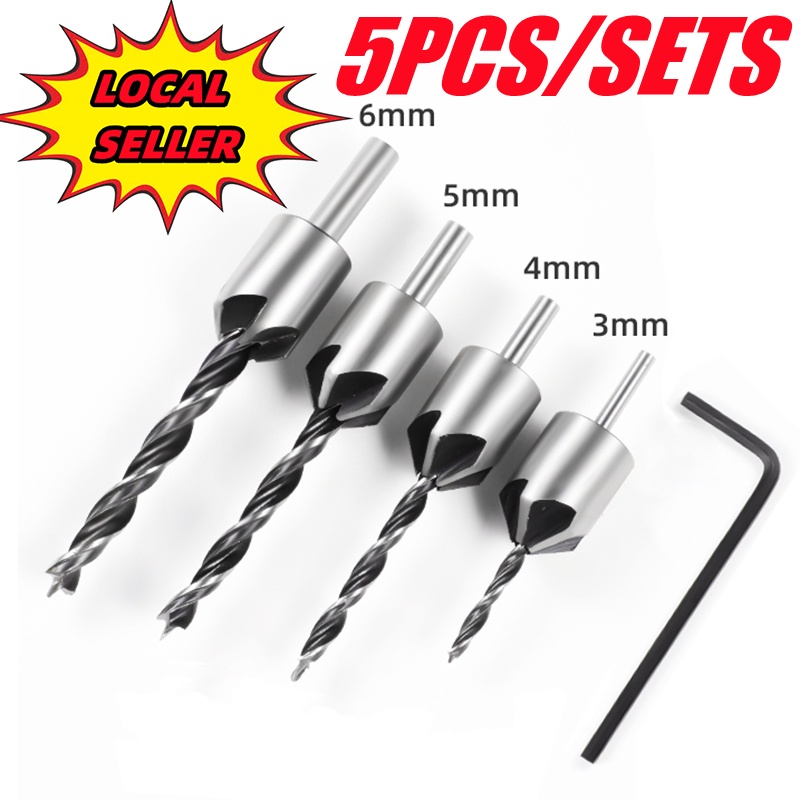 5PCS HSS 5 Flute Countersink Drill Bit Set Carpentry Reamer Woodworking ...