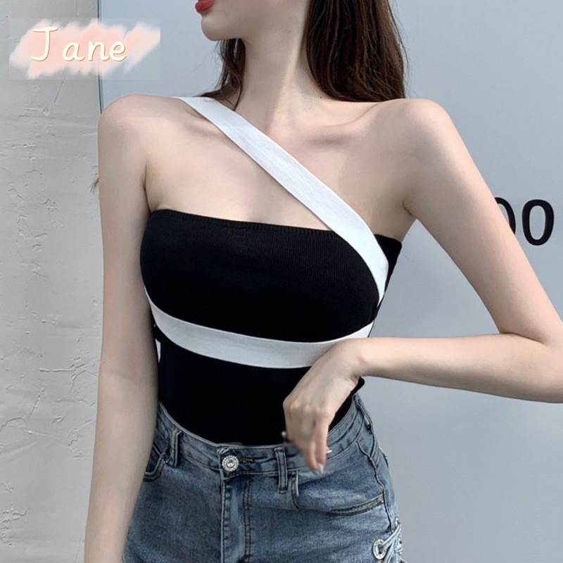 Color Matching Small Camisole Women S Spring Sexy Sloping Shoulder Navel Short Halter Top Je