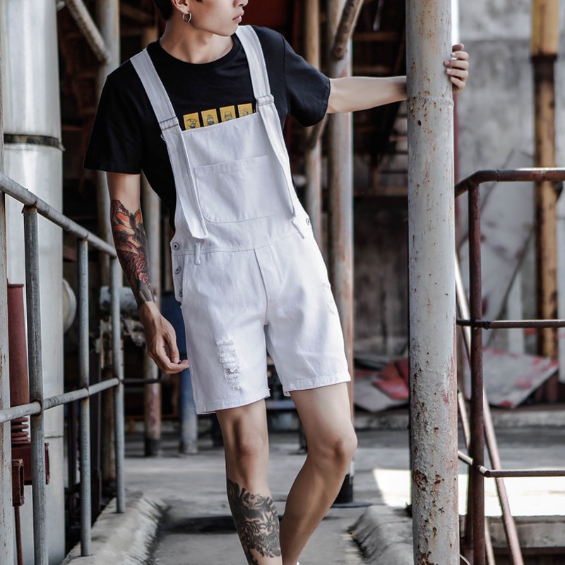 Color Black White Khaki Summer Trends Jumper Shorts Men s Loose Hole Tooling Jumpsuit Shopee Philippines