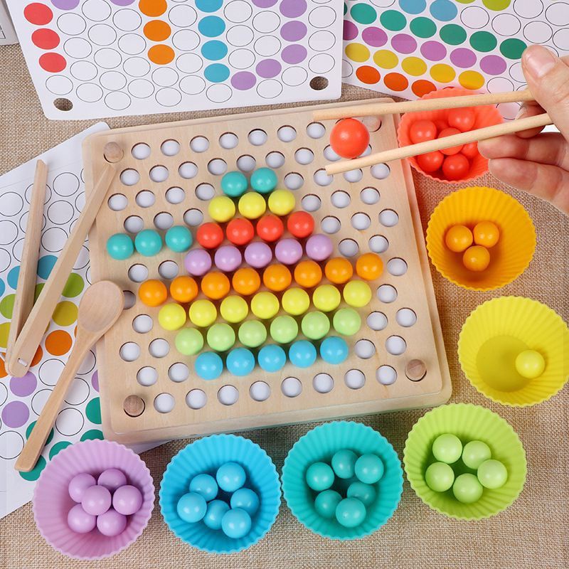 Kids Montessori Wooden Color Sorting Beads holder Counting Matching ...