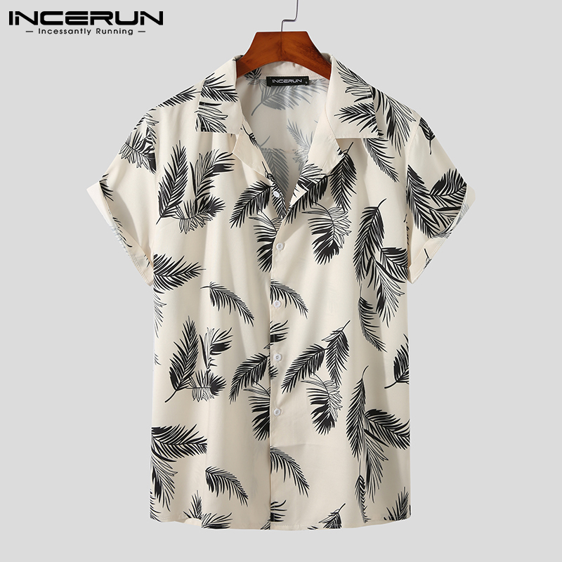 INCERUN Men Summer Soft Fashion Leave Printed Short Sleeves Lapel Shirt ...