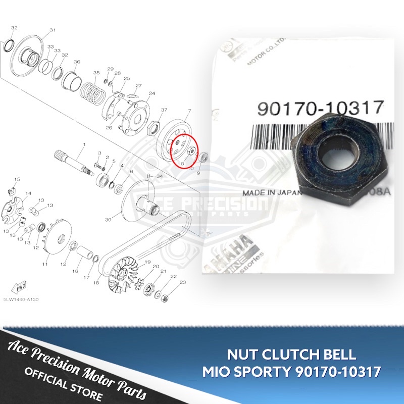 NUT HEX CLUTCH BELL MIO SPORTY 9017010317 YAMAHA GENUINE Shopee