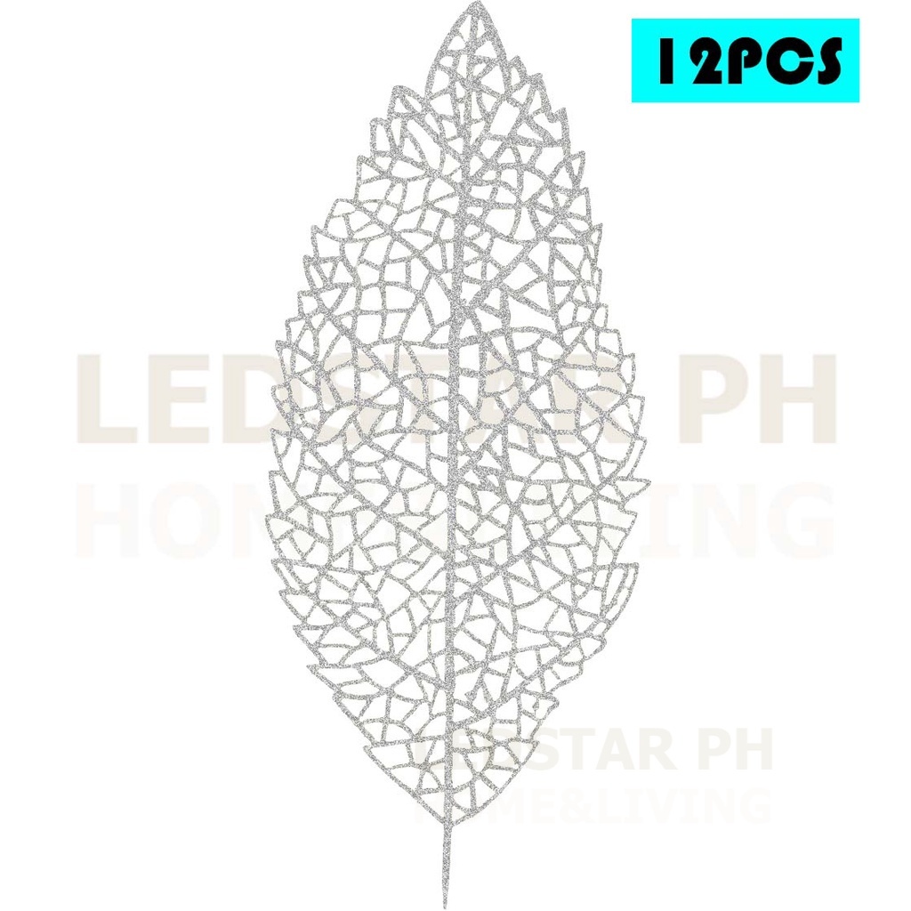 12PCS Artificial Glitter Leaves, 40CM Artificial Xmas Glitter Leaves