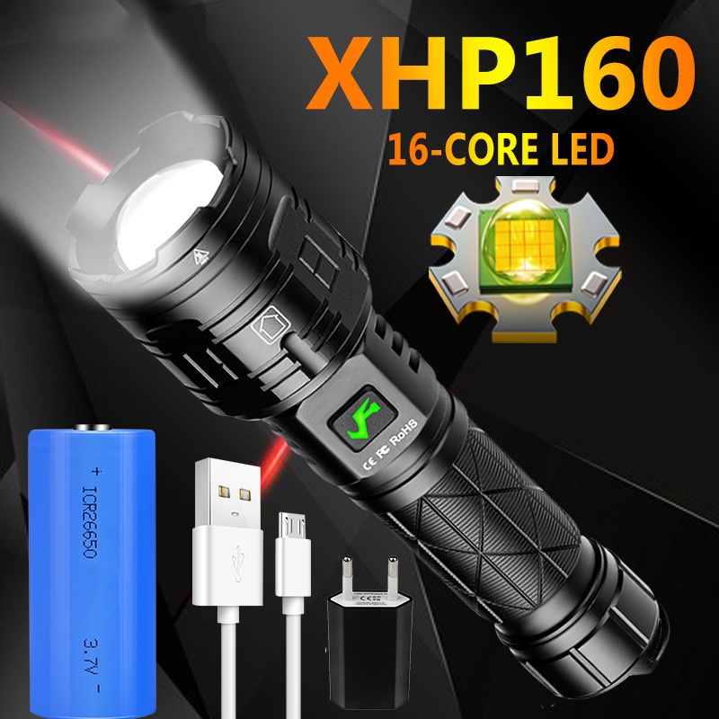 XHP160 LED Powerful Flashlight 16 CORE USB Rechargeable 5Modes ...