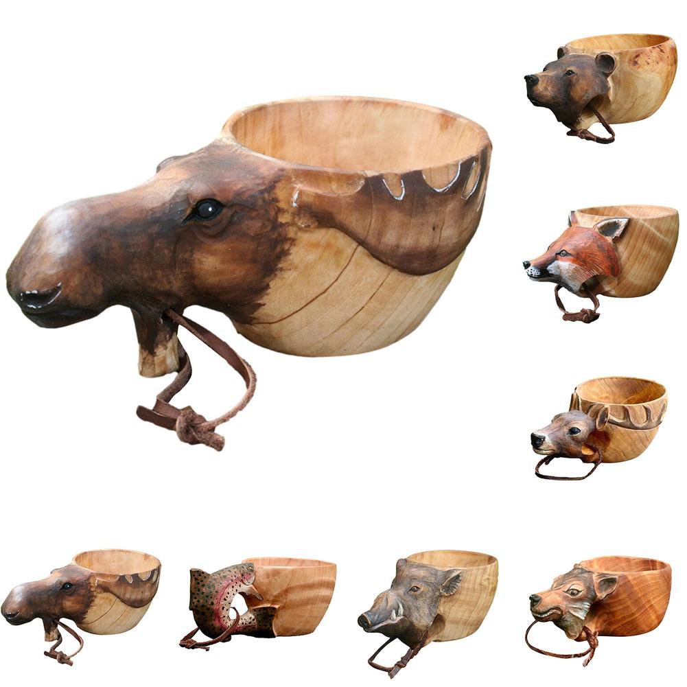 Hand Carved Wooden Mug Kuksa Guksi Animals Head Image Cup Wooden