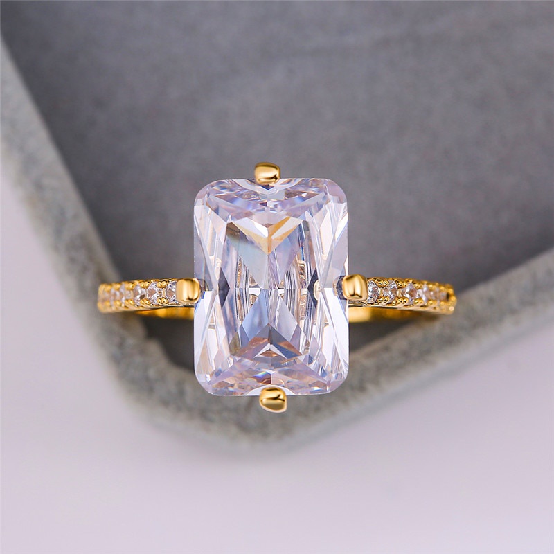 Charm Female Square Crystal Stone Ring Dainty Round Big Zirconia Gold ...