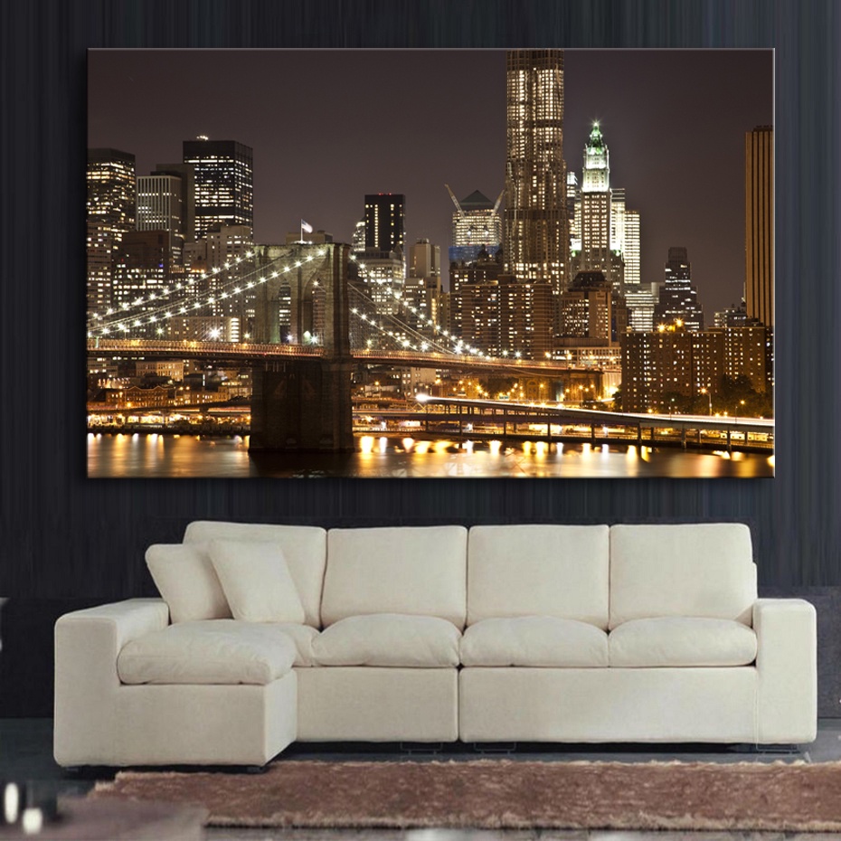 Brooklyn Bridge Lighting Night Landscape Poster Oil Painting Wall