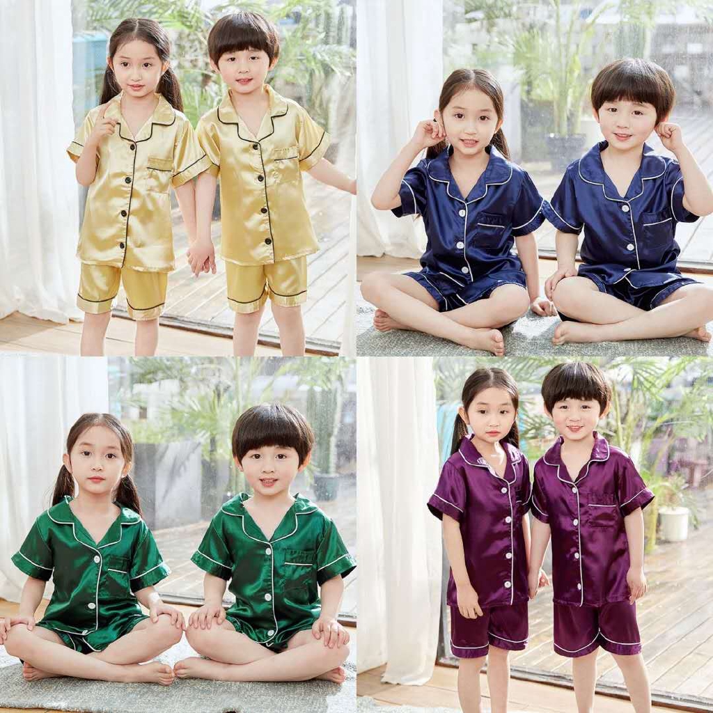 414years Silk Terno Pantulog for Kids Satin Pyjamas Short Sleeve Baju Boys Sleepwear Girls