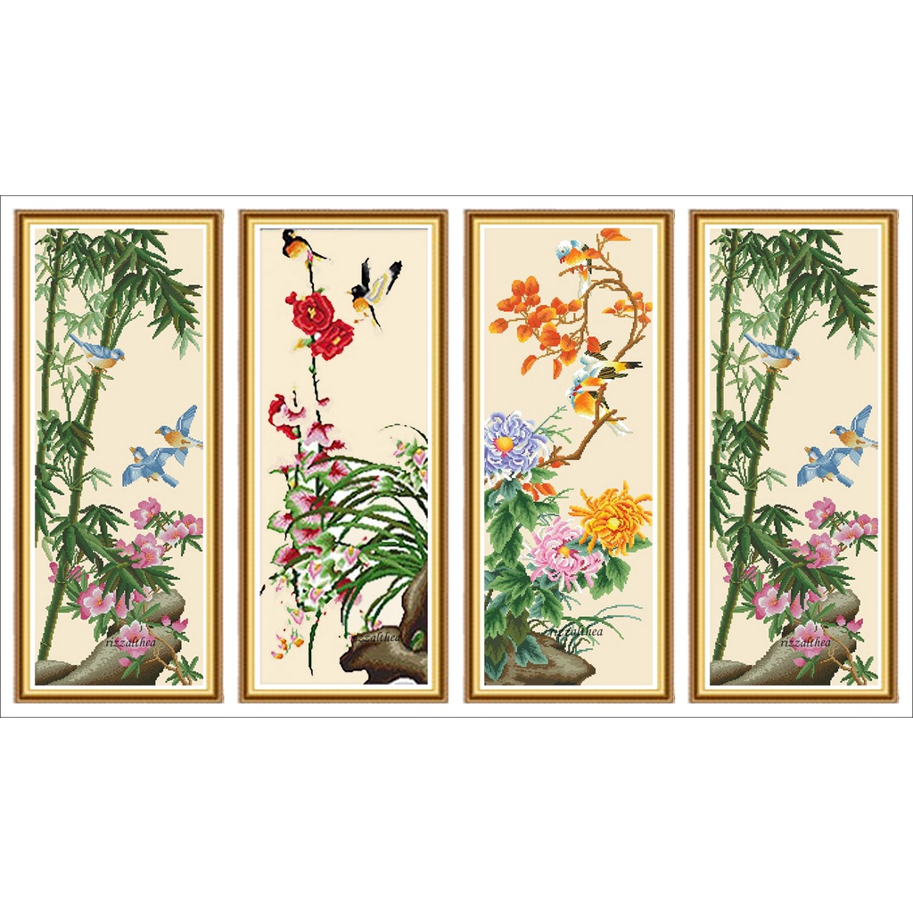 Four Seasons Birds on Branch COMPLETE SET Cross Stitch 14 COUNT