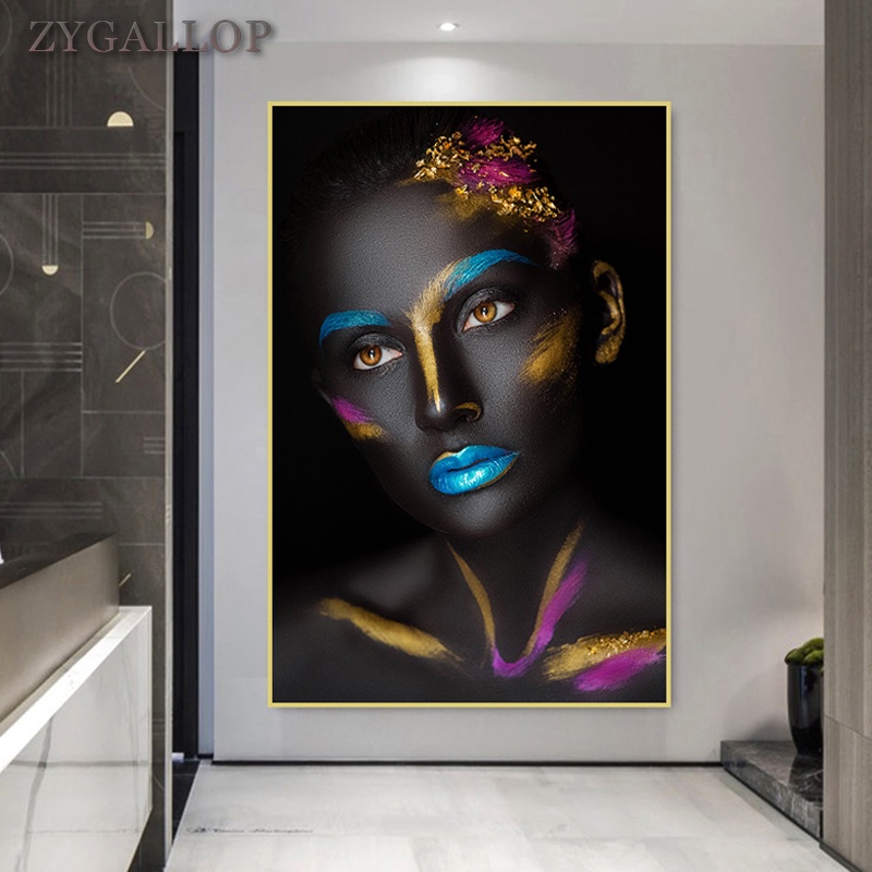 Makeup Black Woman Oil Painting Canvas African Wall Painting Poster and