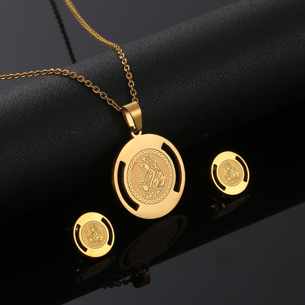 Gold Color Virgin Mary Necklace Earrings for Women Men Church Christian