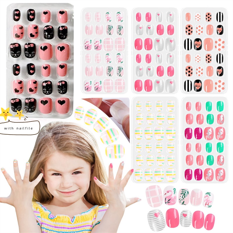 【Fake Nails For Kids】24pcs Wholesale Fake Nails Set With Glue 24pcs