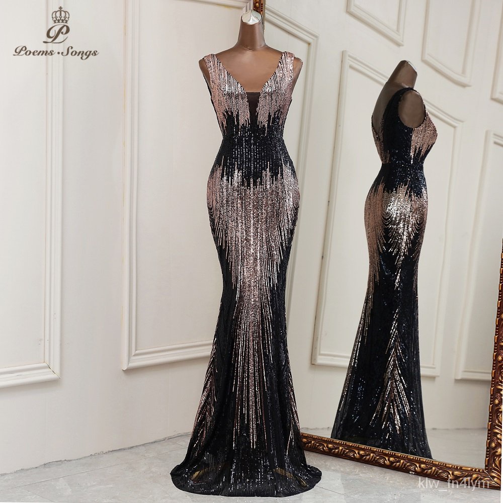 Fast delivery Black Gold Sexy gown V neck style mermaid evening