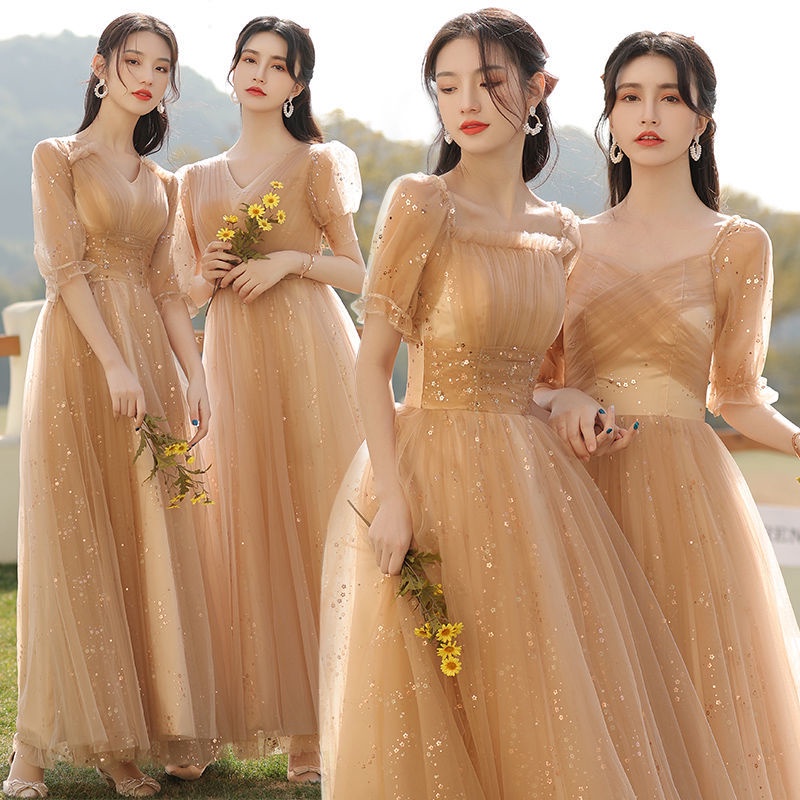 Golden Bridesmaid Dress Floral Fairy Temperament Long Summer Wedding Evening Dresses Shopee Philippines