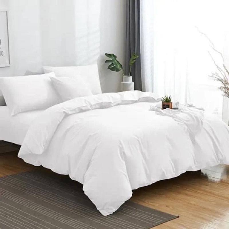4in1 Set Plain White Cotton Beddings With 2cs Pillowcase 1Pc Duvet