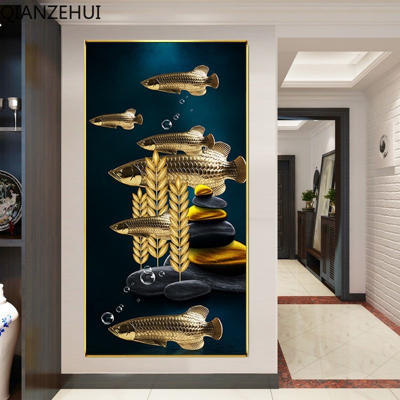 DIY living room 5D Round full beads Lucky Nine Fish Pattern End Diamond ...