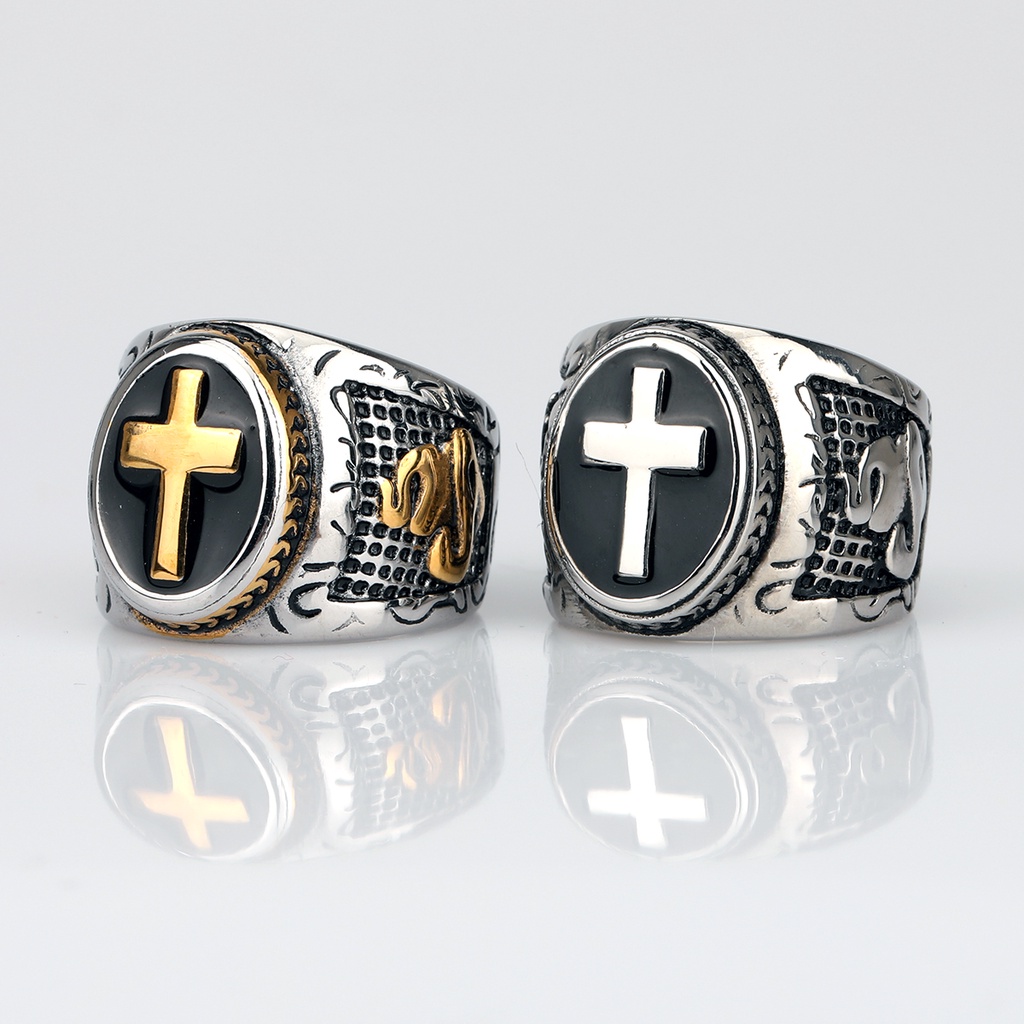2022 Punk Silver Color Knight Templar Buddhism Cross Ring Black Epoxy ...